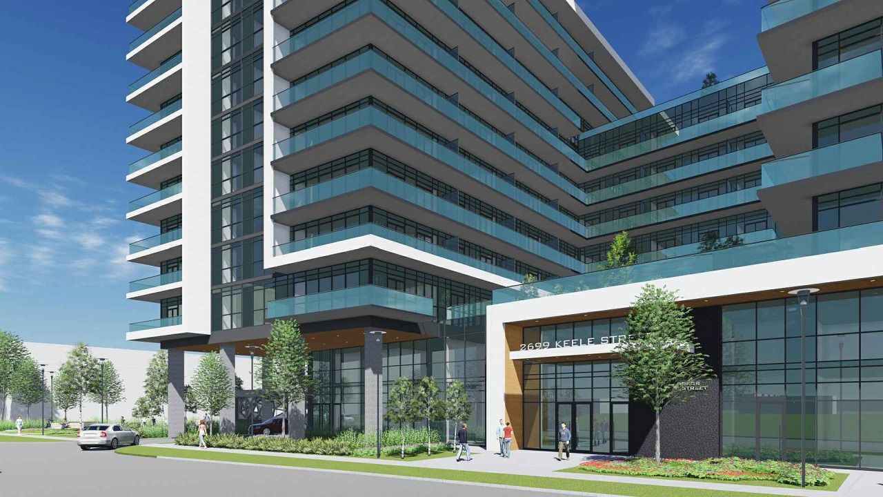 Rendering of 2699 Keele Street Condos lobby entrance from exterior.