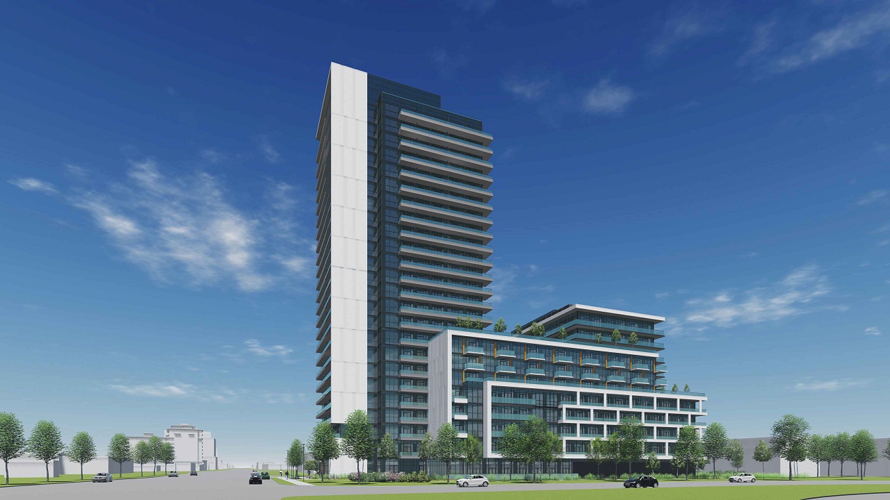 Rendering of 2699 Keele Street Condos exterior facade with white detailing.