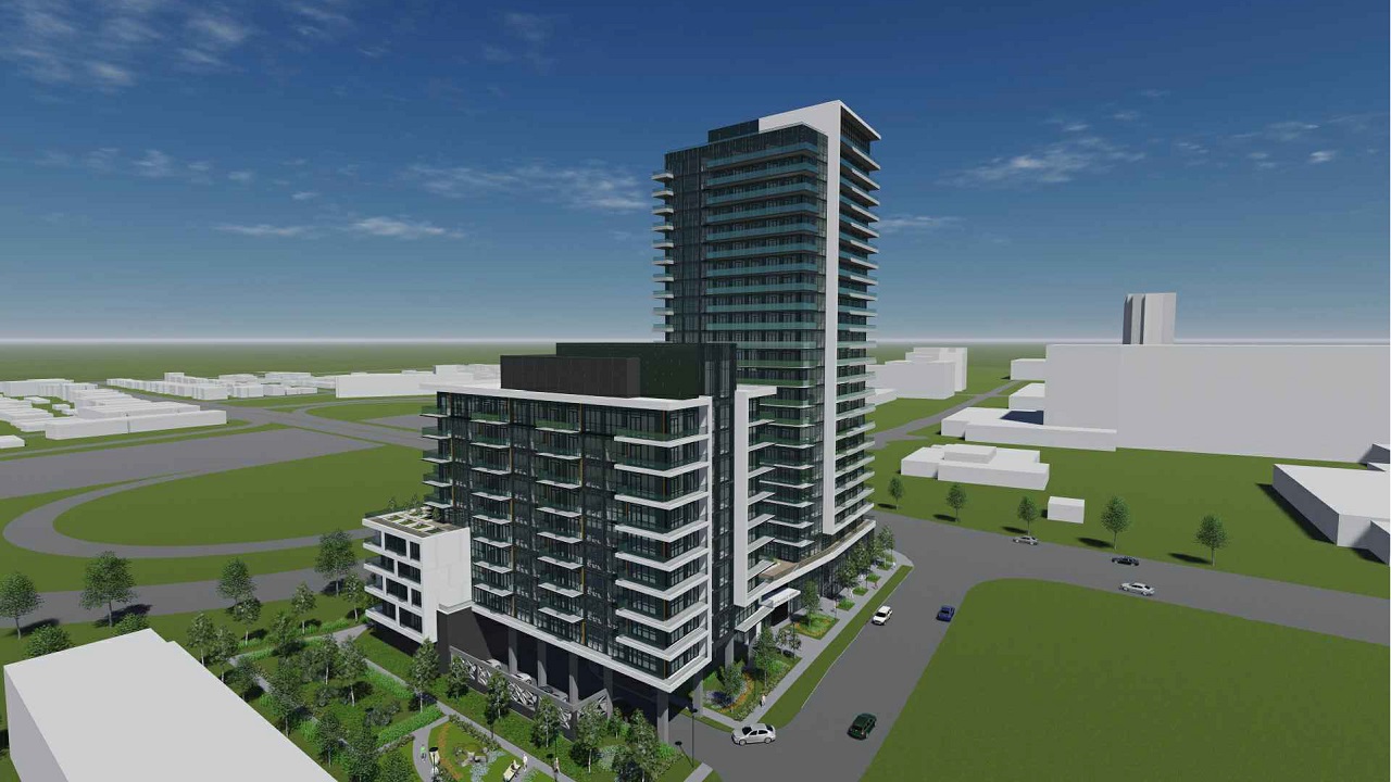 Aerial rendering of 2699 Keele Street Condos two towers and road.