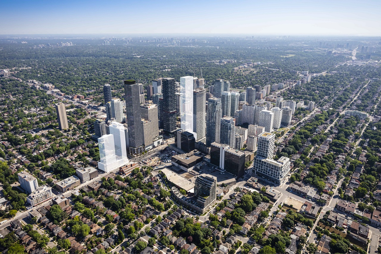 Aerial rendering of 36 Eglinton West Condos in Toronto.