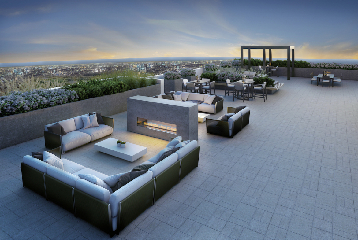 Rendering of The Butler Condos 2nd rooftop terrace in the evening.