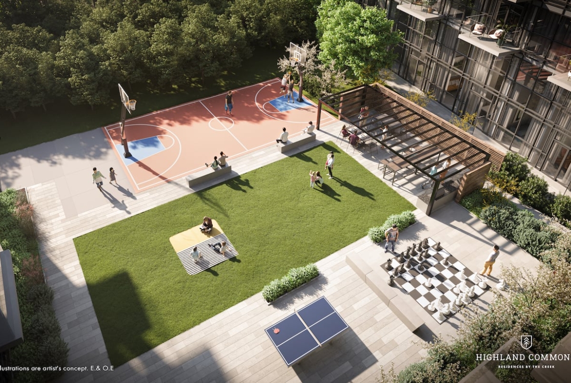Rendering of Highland Commons condos outdoor basketball court