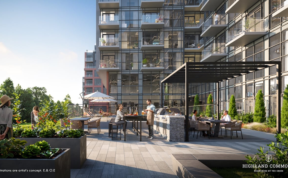 Rendering of Highland Commons condos garden and BBQ area