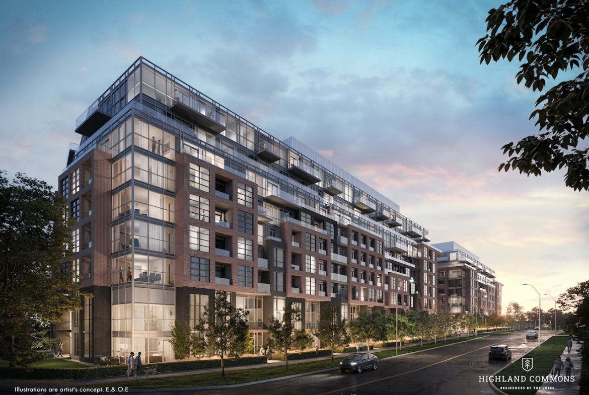 Rendering of Highland Commons condos exterior at night
