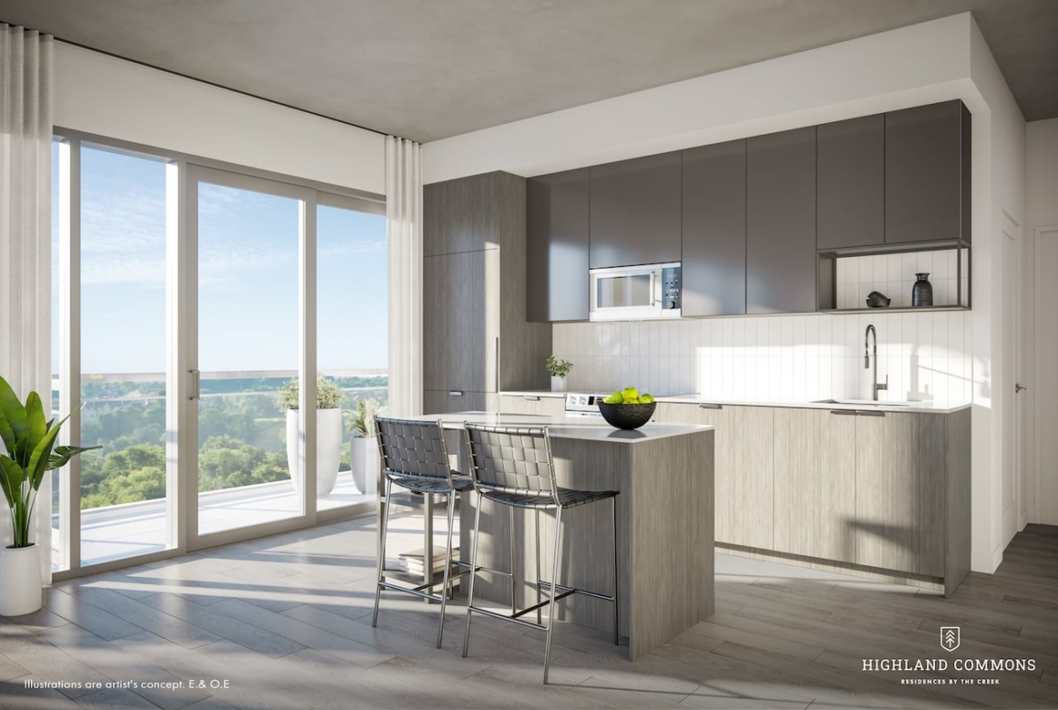 Rendering of Highland Commons condos suite interior kitchen