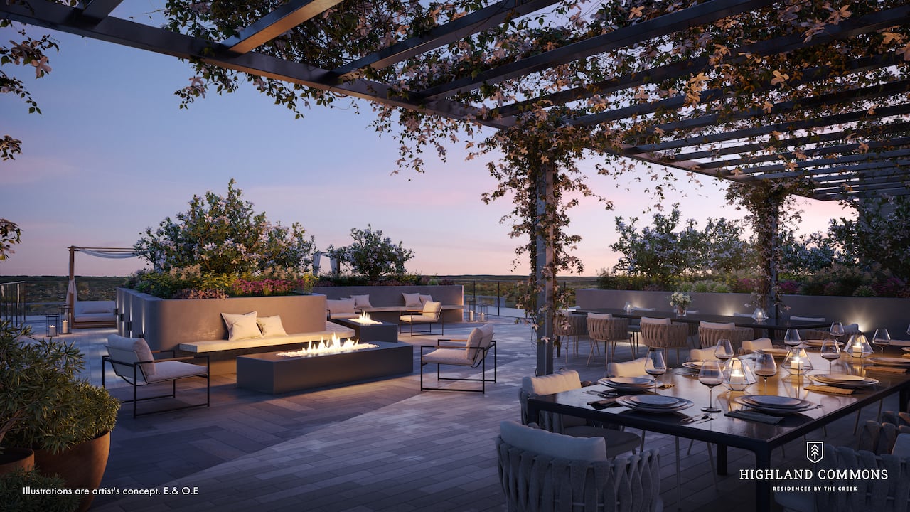 Rendering of Highland Commons condos rooftop in the evening