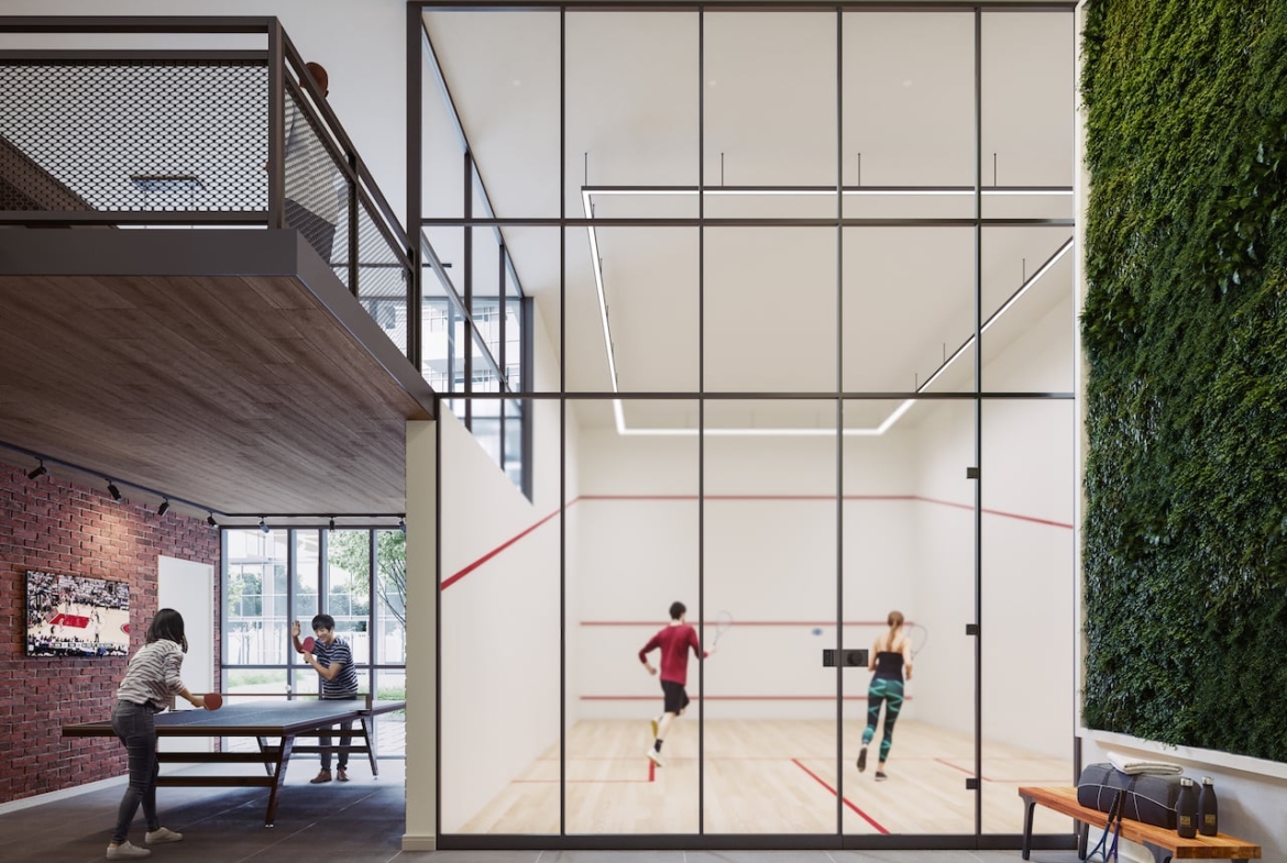 Rendering of Highland Commons condos squash court and ping pong table