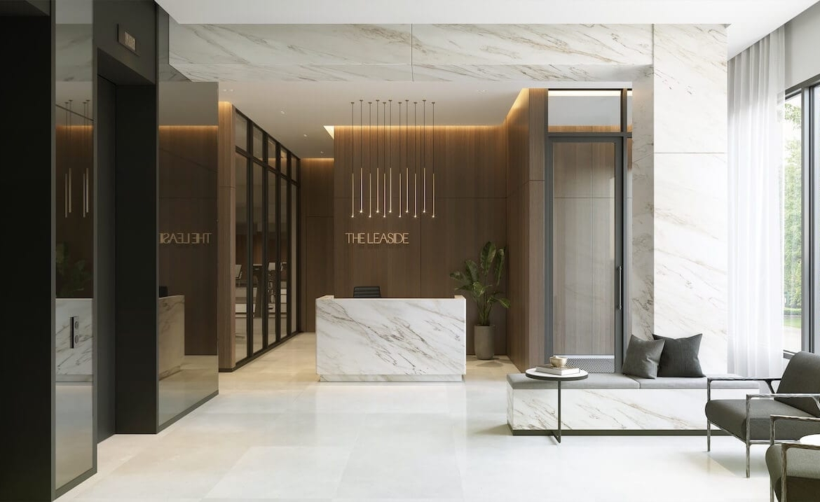 Rendering of The Leaside lobby with concierge
