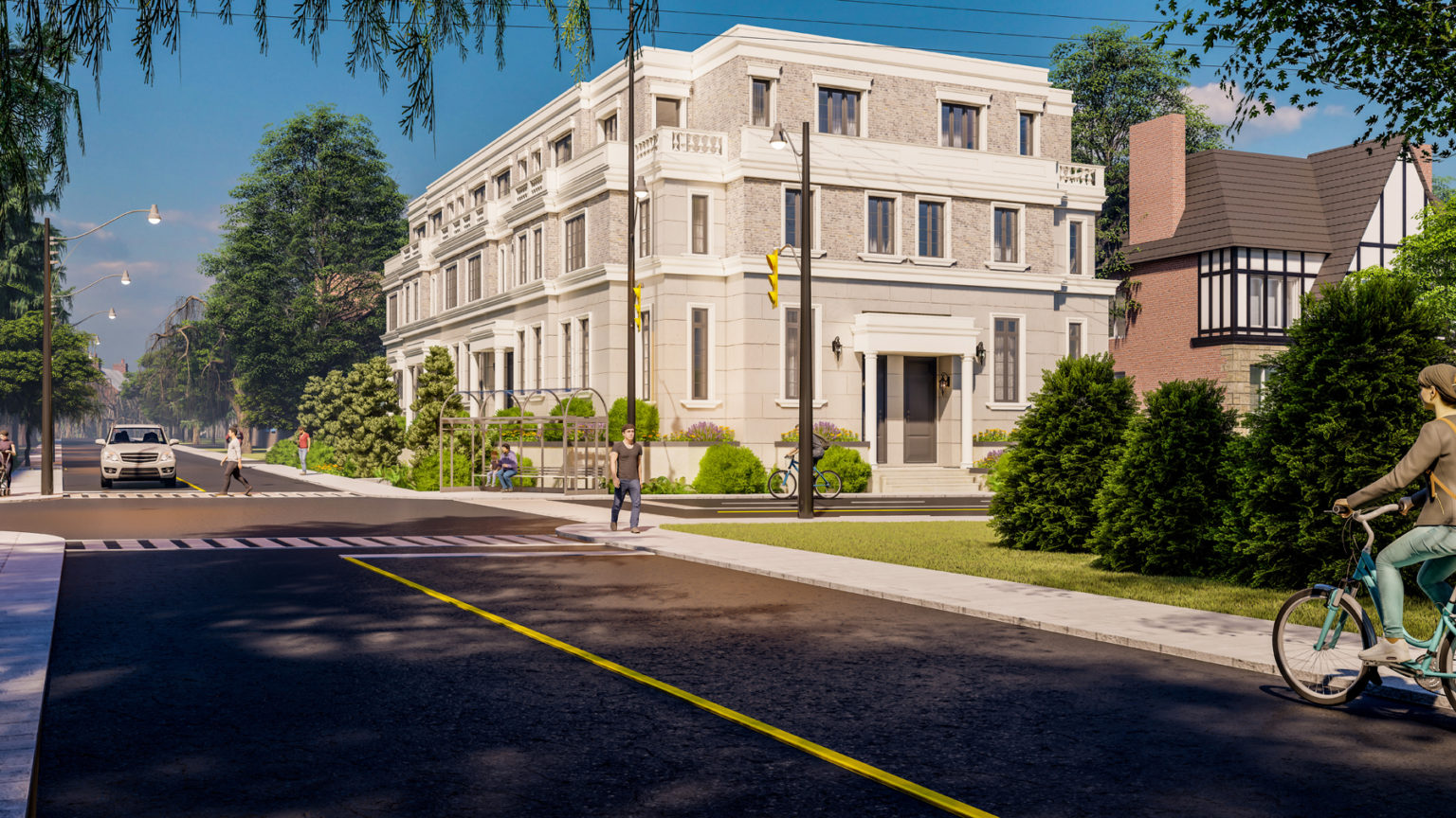 Rendering of Hillhurst Towns exterior in the summer.