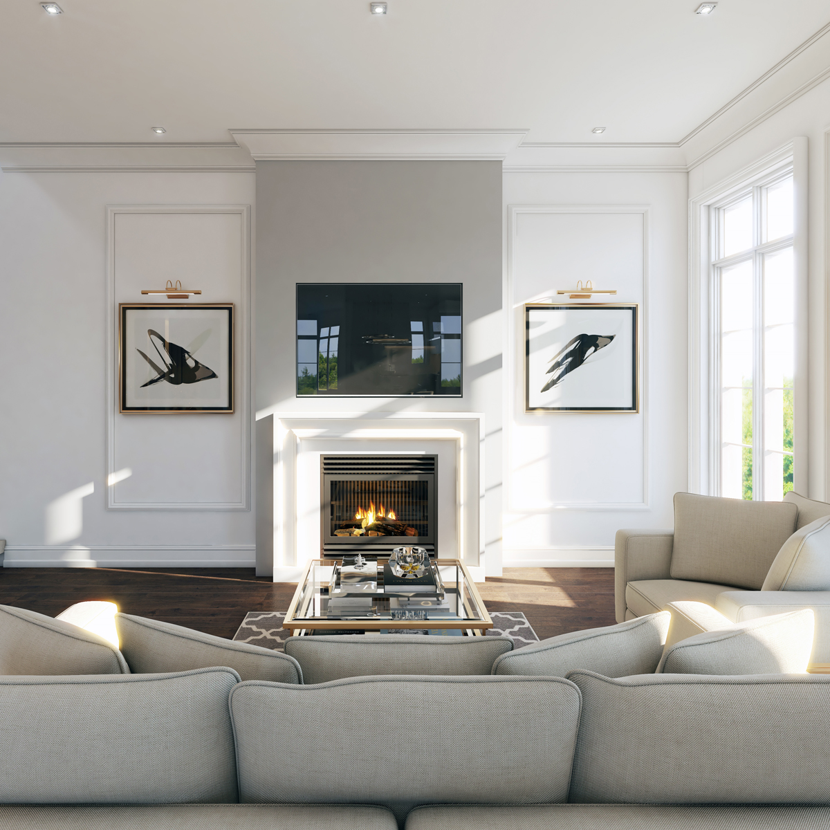 Rendering of Hillhurst Towns interior classic living room design.