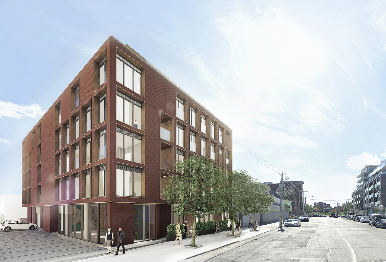 Exterior rendering of The Brickhouse on Gladstone Condos with streetscape.