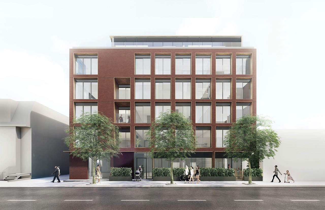 Exterior rendering of The Brickhouse on Gladstone Condos front facade.