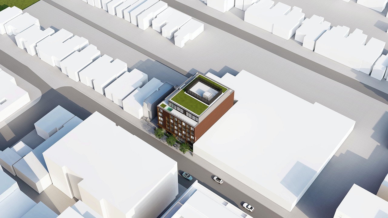 Exterior rendering of The Brickhouse on Gladstone Condos aerial sideview.