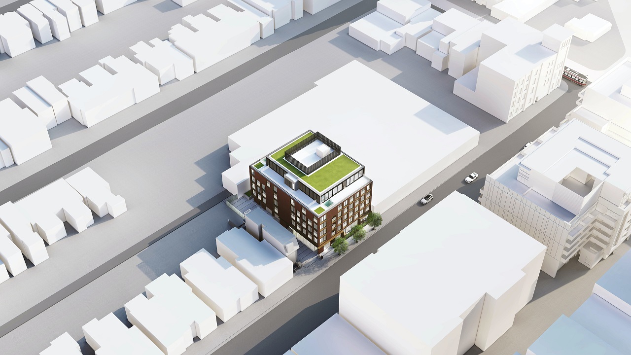 Exterior rendering of The Brickhouse on Gladstone Condos aerial with greenroof.