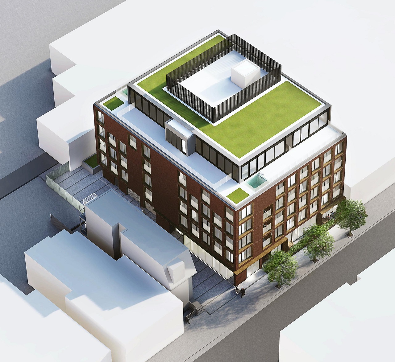 Exterior rendering of The Brickhouse on Gladstone Condos aerial close up of the rooftop green space.