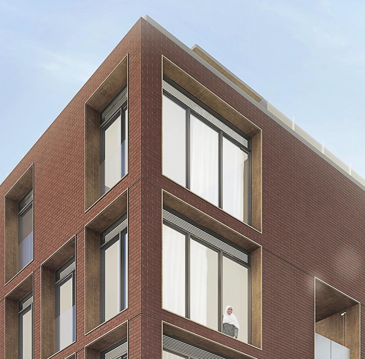 Exterior rendering of The Brickhouse on Gladstone Condos close up of building facade.