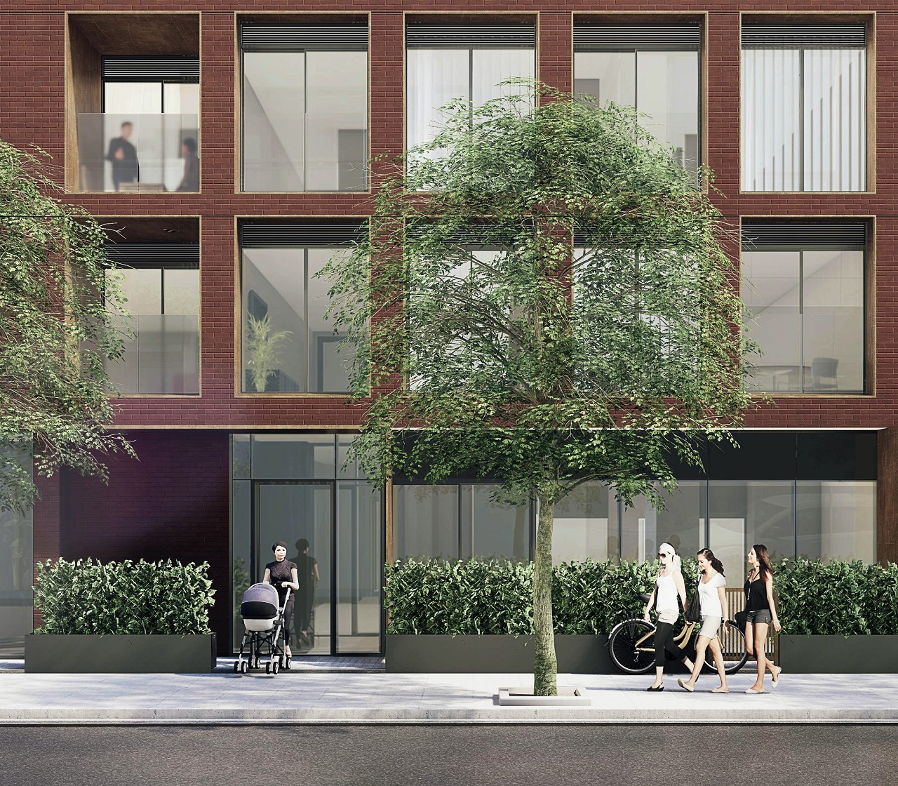 Exterior rendering of The Brickhouse on Gladstone Condos close up of building entrance.