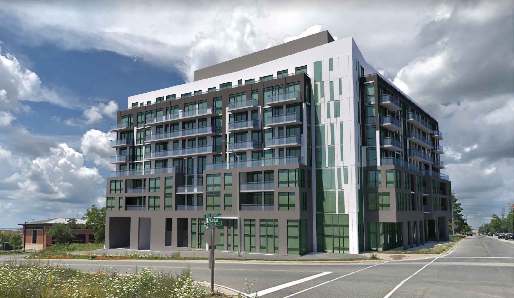 Exterior rendering of The Bronte Condos at Old Bronte Road and Pine Glen Road in Oakville