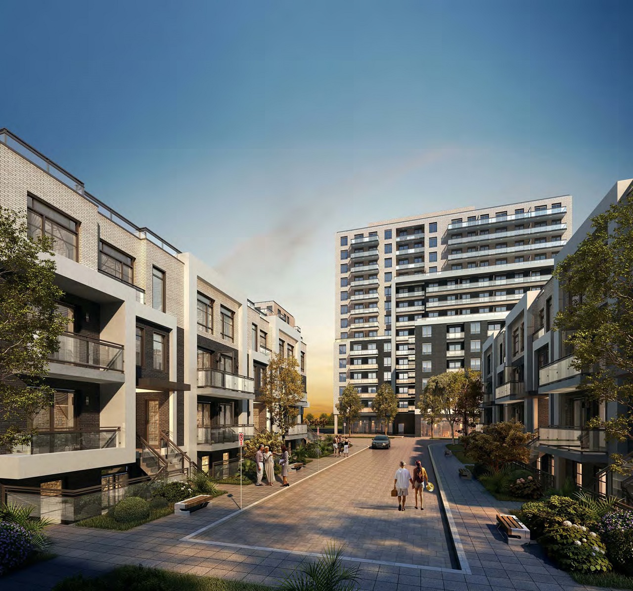 Rendering of 3445 Sheppard East Condos courtyard in the evening.