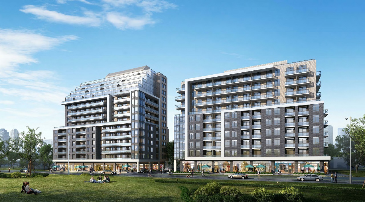 Rendering of 3445 Sheppard East Condos exterior and greenery.