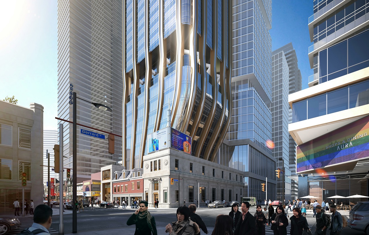 Rendering of 372 Yonge Condos exterior at base with street view.