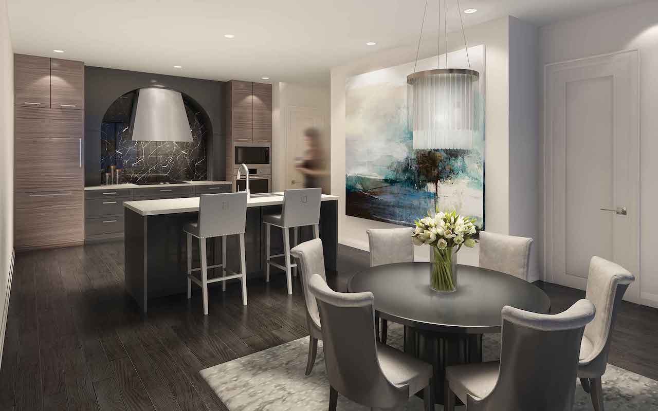 Rendering of 42 Mill St Condos suite kitchen and dining room.