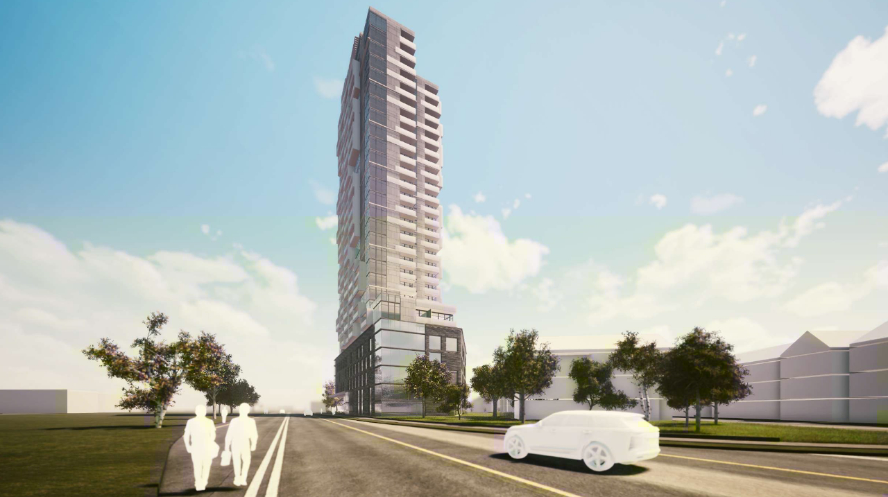 Exterior rendering of 290 Old Weston Road Condos side-view with cars driving and people walking.