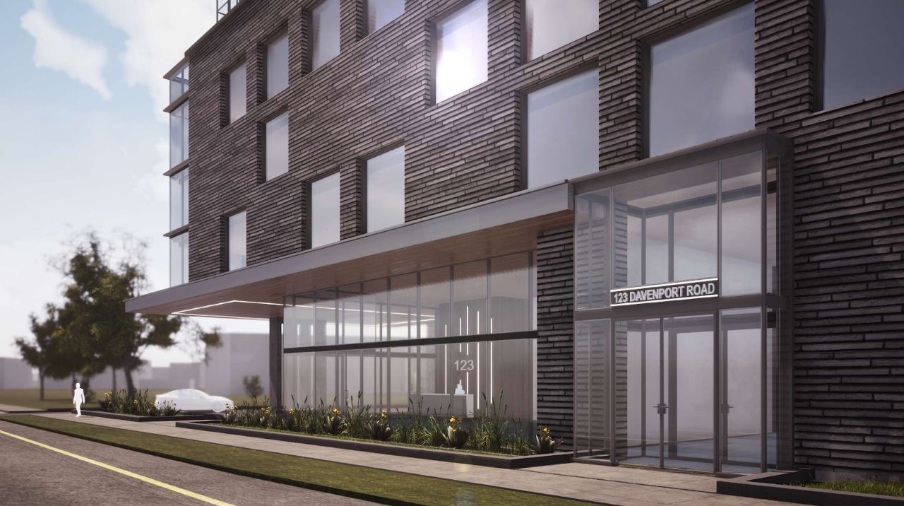 Exterior rendering of 290 Old Weston Road Condos podium with entrance, large windows and sidewalk.