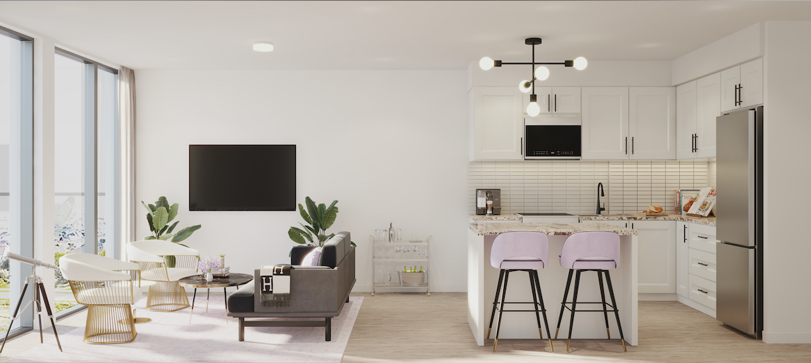 Rendering of NUVO Condos suite living and kitchen area.