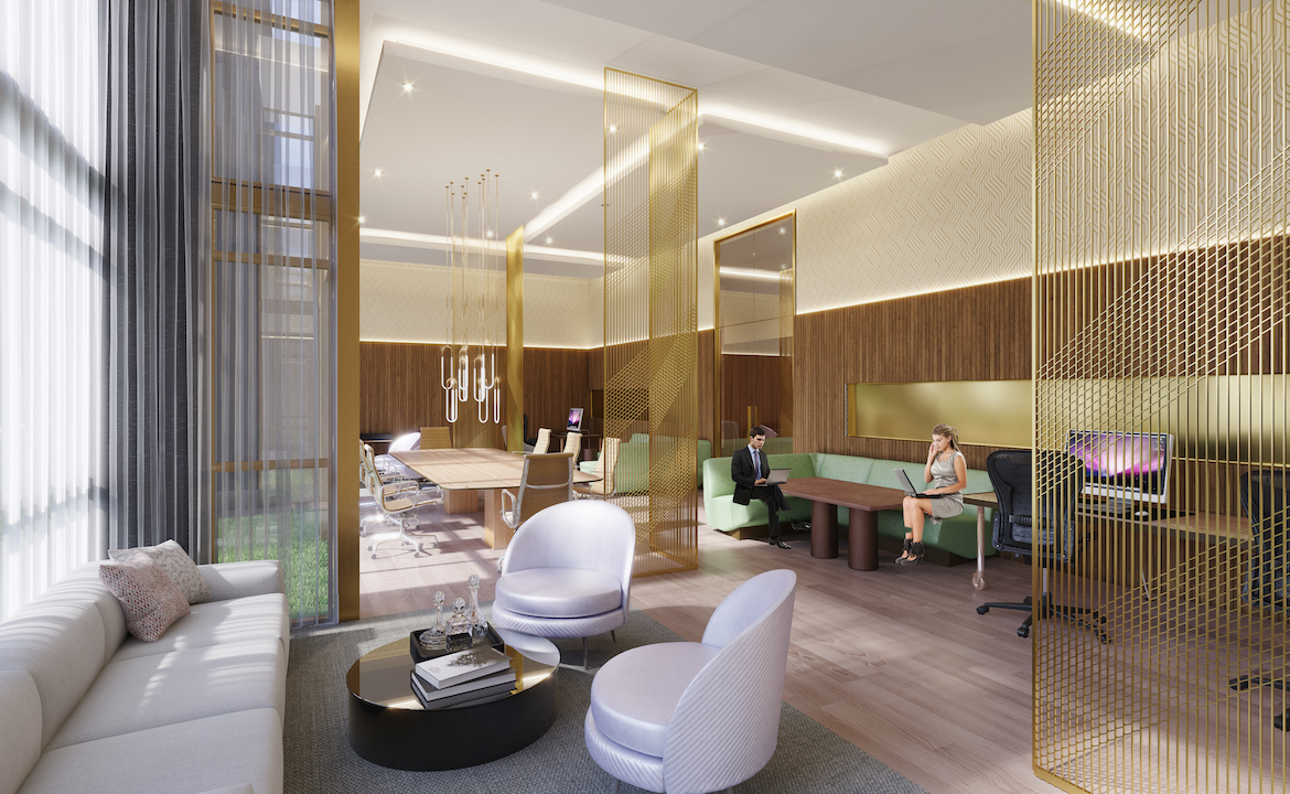 Rendering of NUVO Condos lounge and shared workspace.