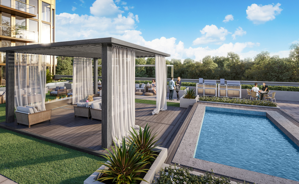 Rendering of NUVO Condos rooftop terrace with swimming pool.