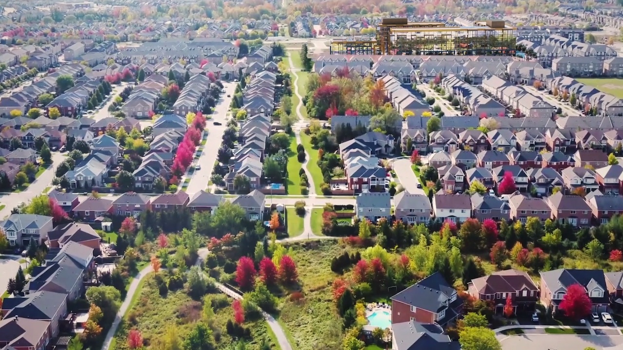 Rendering of NUVO Condos aerial view of the neighbourhood.