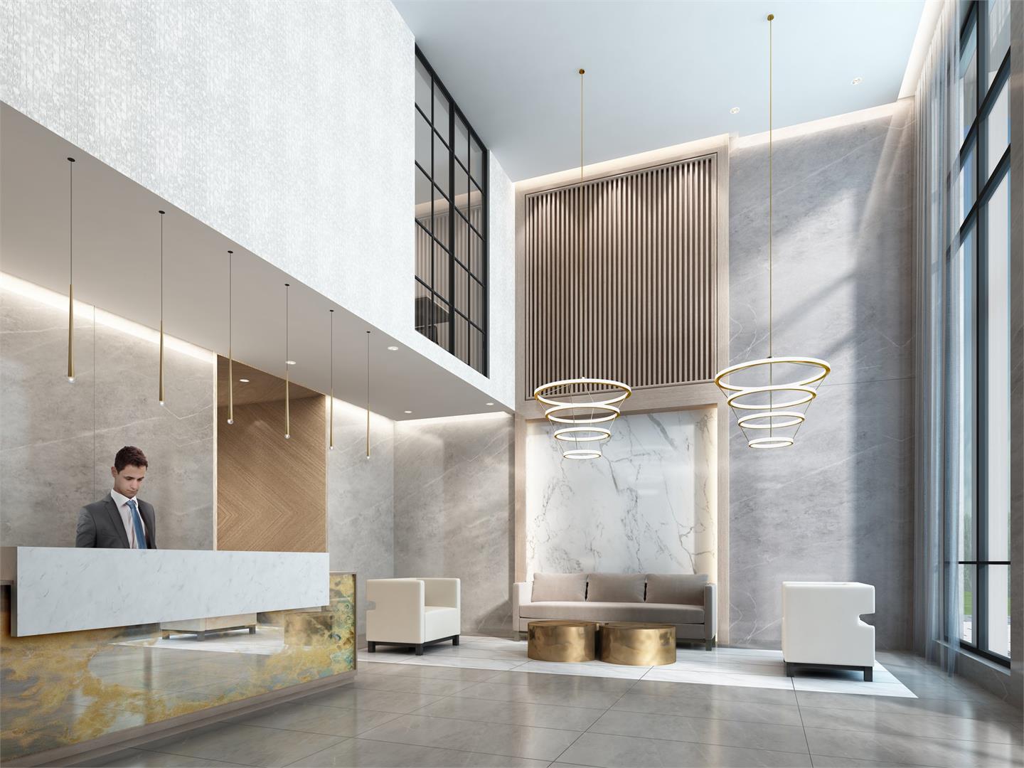 Rendering of Canvas on the Rouge Condos lobby with concierge.