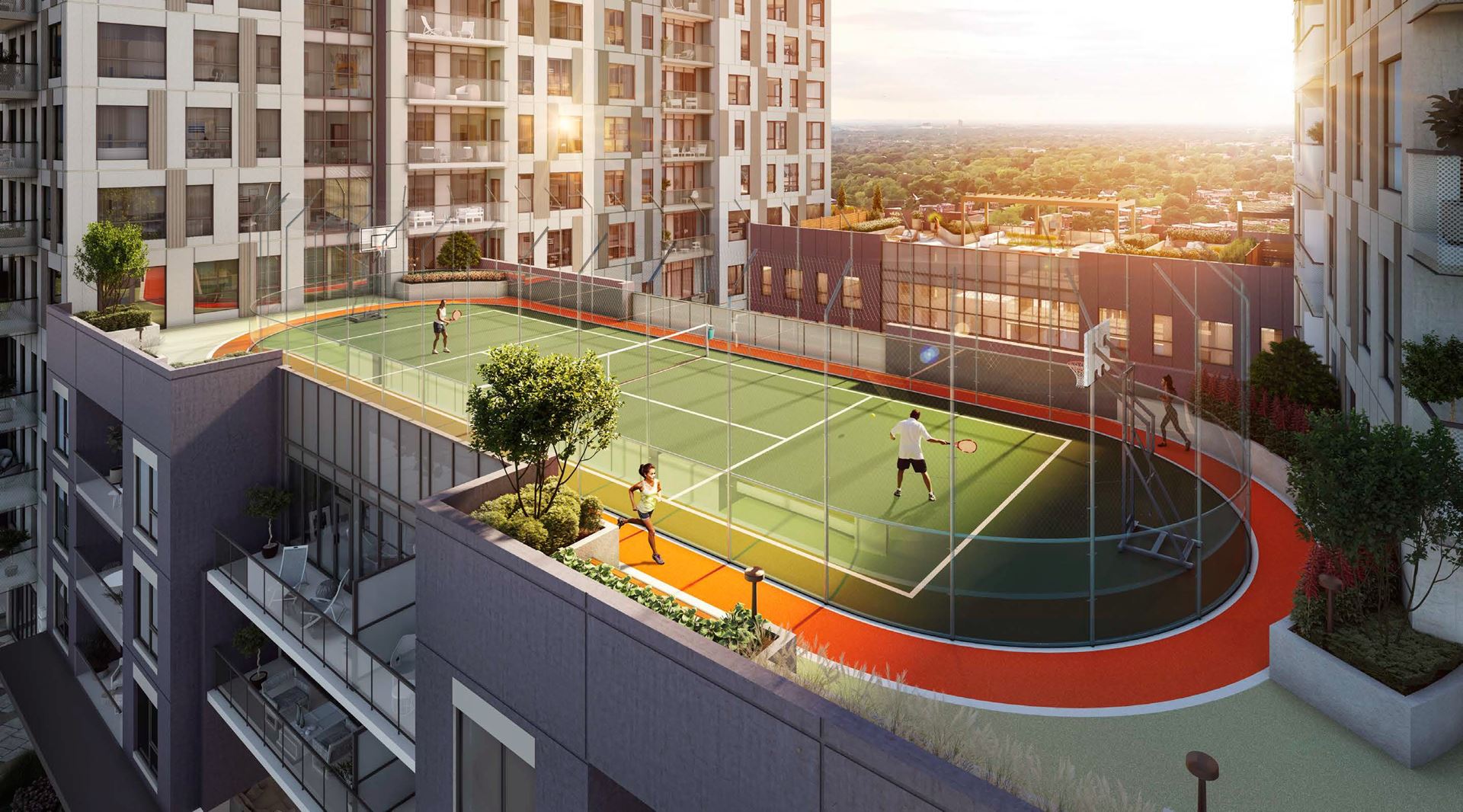Rendering of Elevate Condos outdoor sports court.