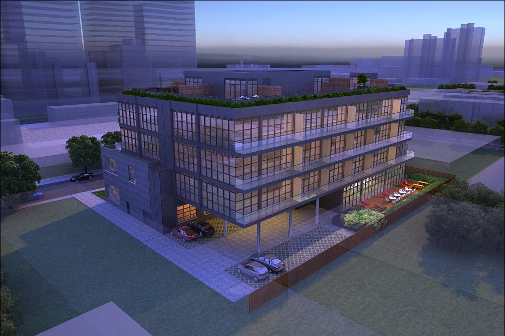 Rendering of Geary Factory Lofts exterior back at night.