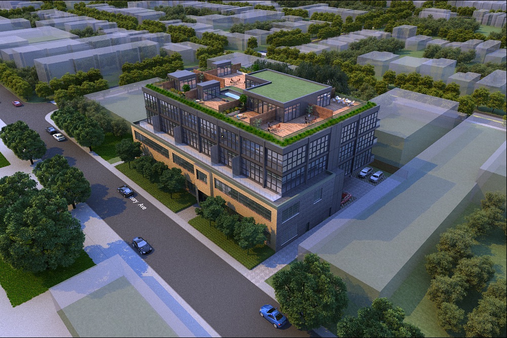 Rendering of Geary Factory Lofts exterior front with rooftop.