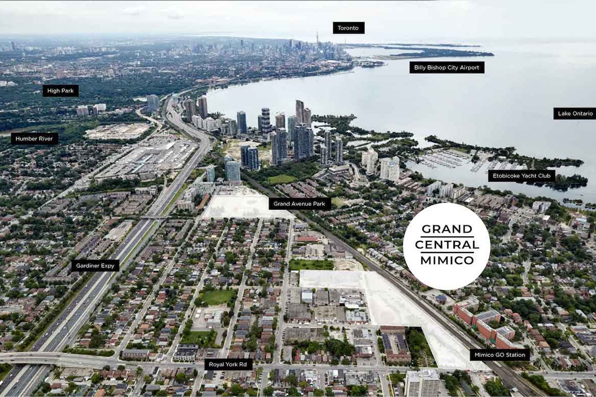 Grand Central Mimico aerial map with marker overlays