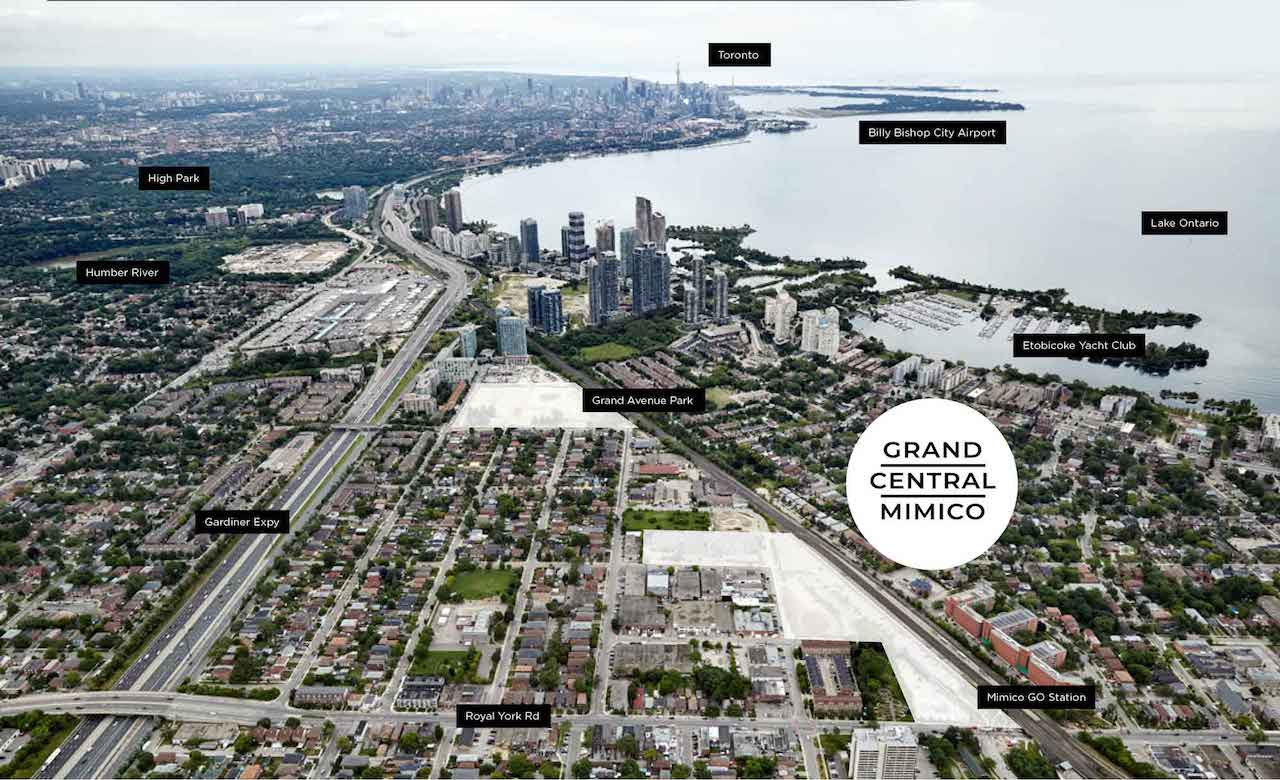 Grand Central Mimico aerial map with marker overlays