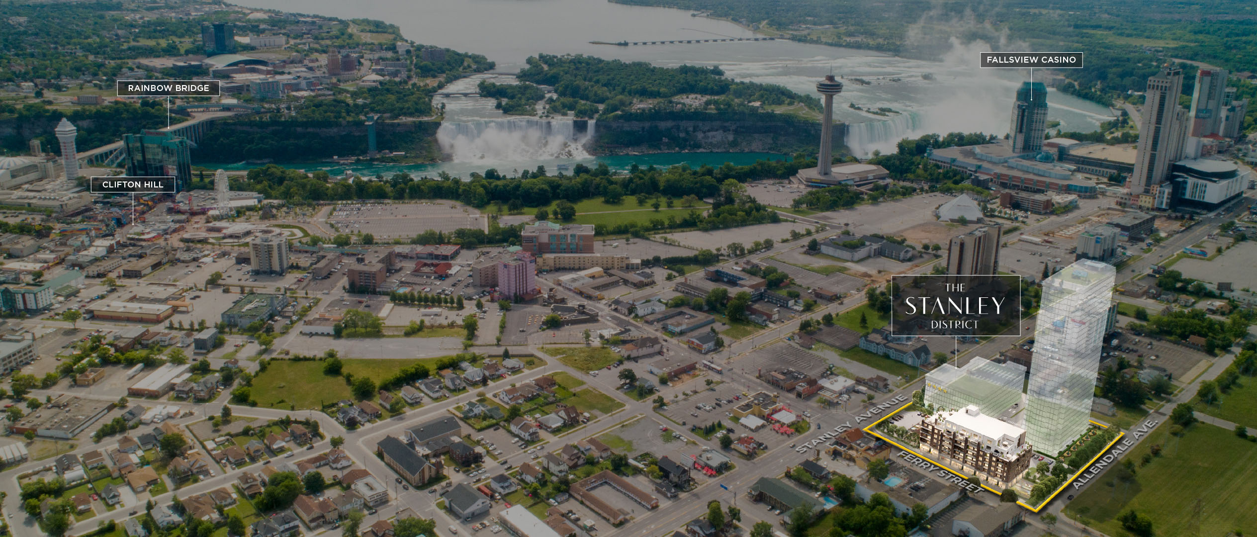 Aerial rendering of The Stanley District Condos in Niagara Falls