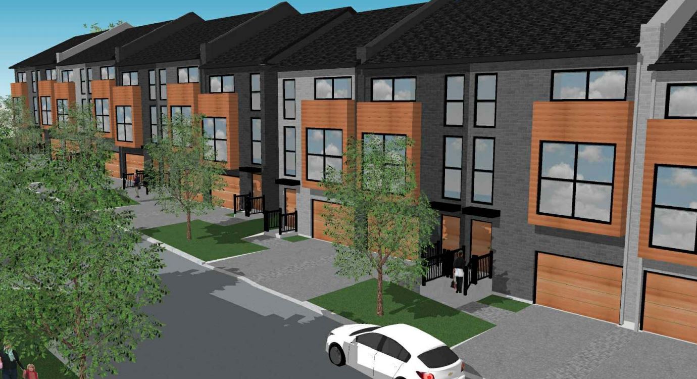 Exterior rendering of 448 Markham Road Towns with garages.