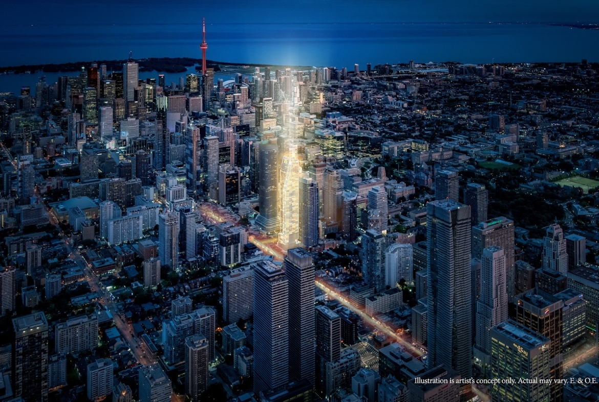 Aerial rendering of 8 Wellesley Residences in Toronto