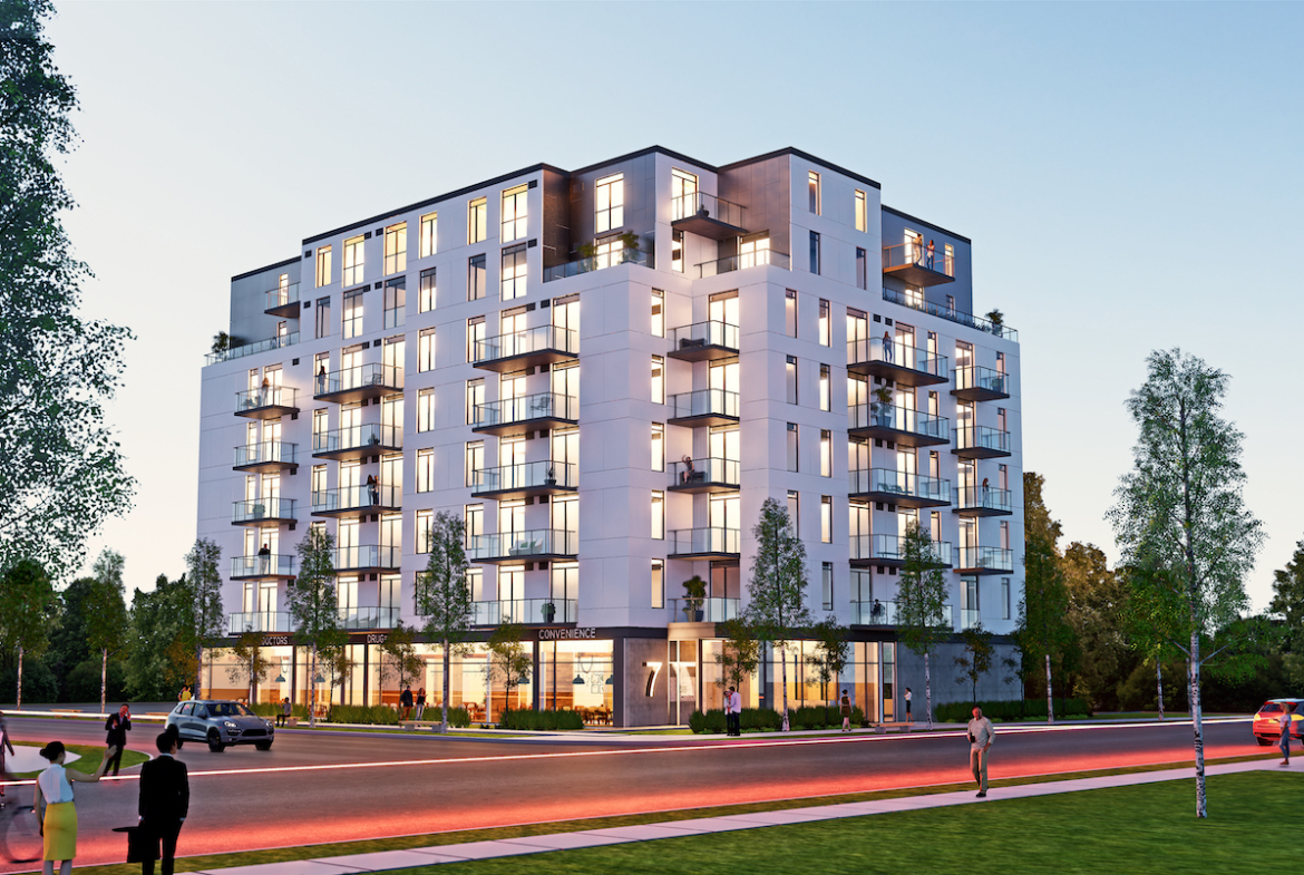 Rendering of Grand Bell Condos exterior.