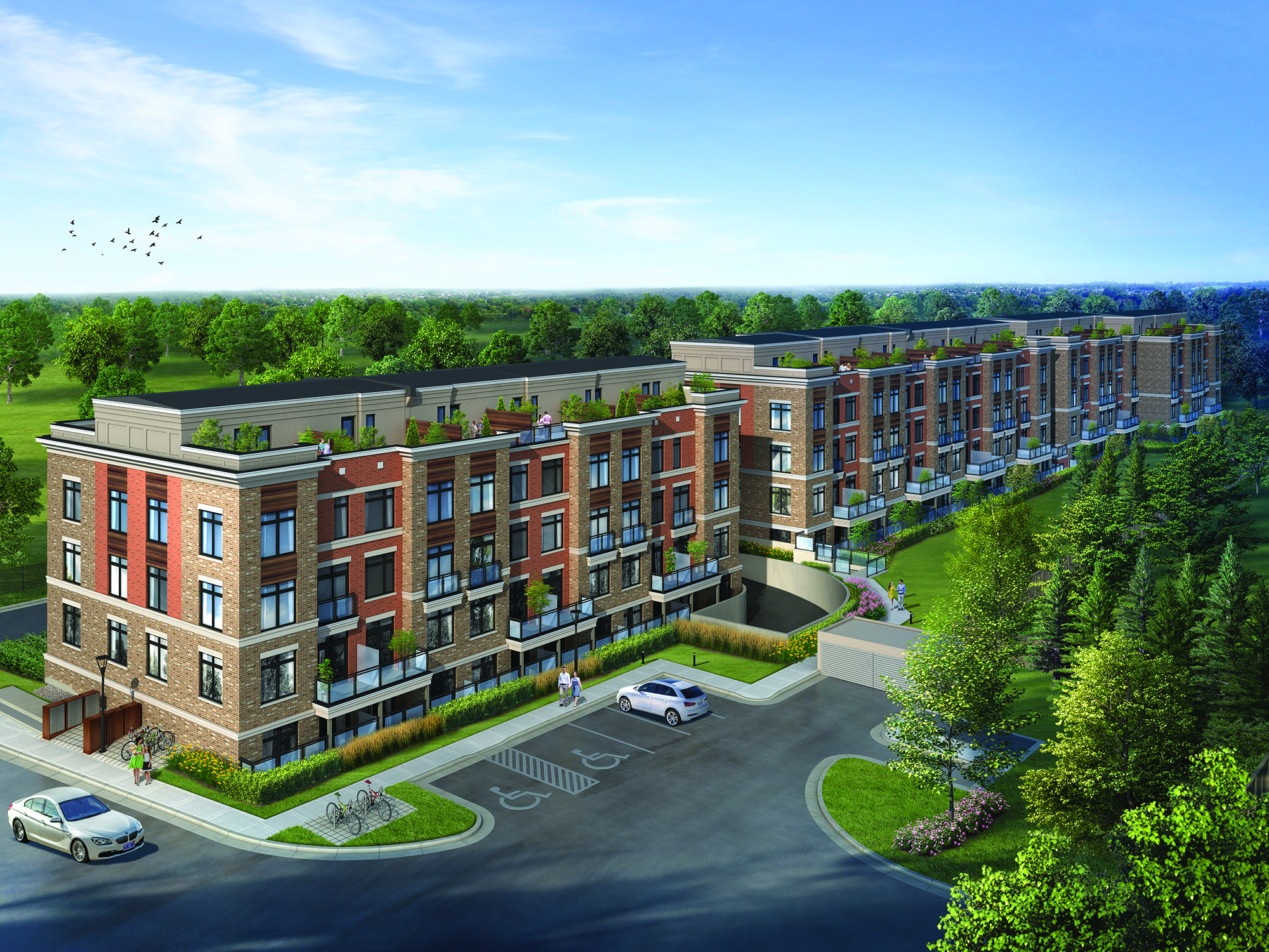 Exterior rendering angled-view of High Point Urban Towns in Richmond Hill.