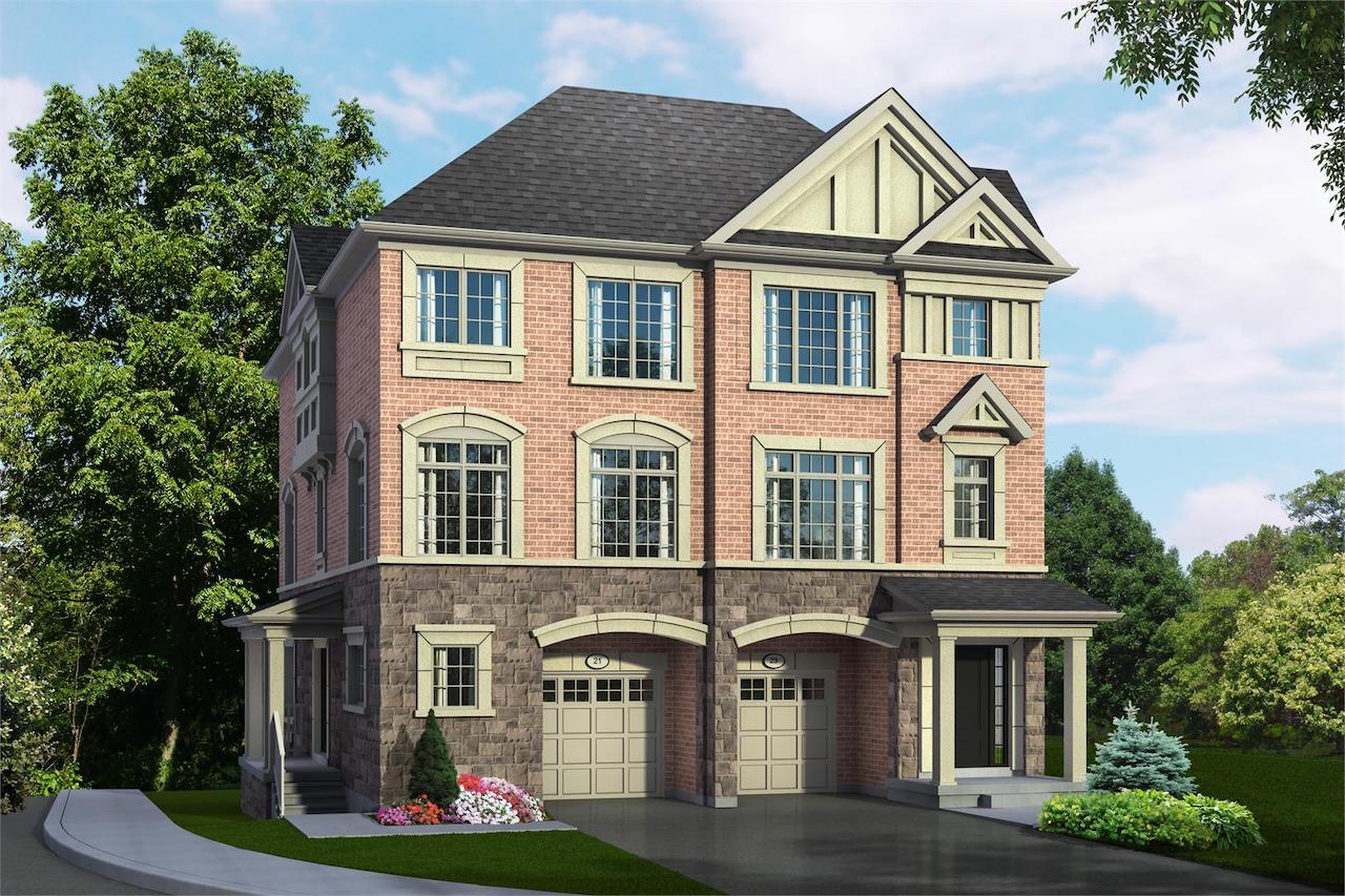 Exterior rendering of Hilltop Semi-detached home at Old Harwood in Ajax angled side-view.