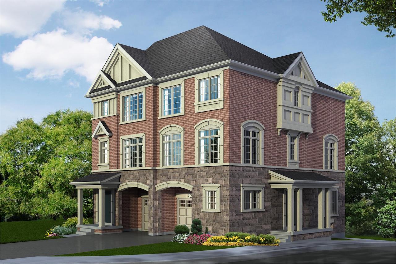 Exterior rendering of Hilltop Semi-detached home at Old Harwood in Ajax side-view.