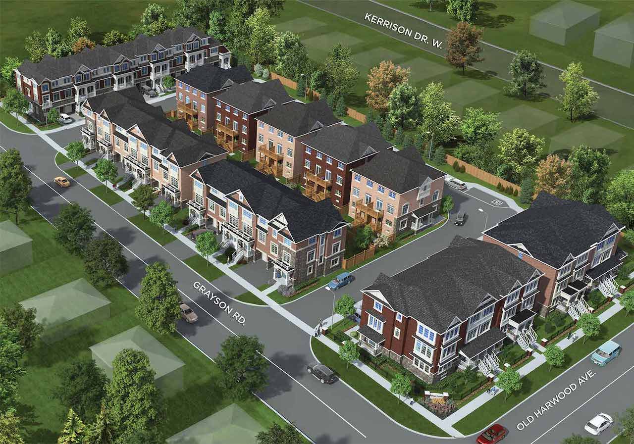 Aerial rendering of Hilltop towns at Old Harwood in Ajax.