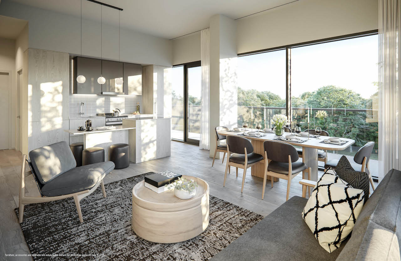 Rendering of Perch Condos suite living and dining room dark
