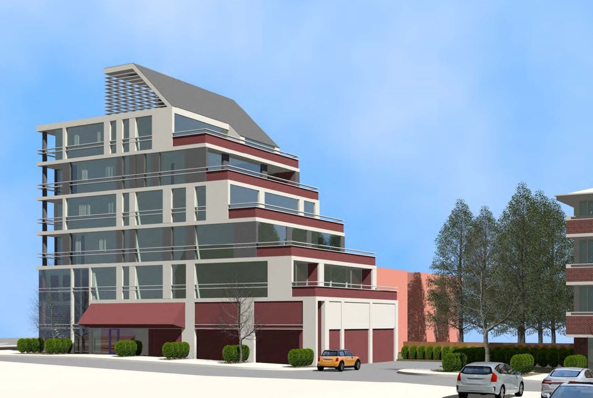 Exterior side-view rendering of 3471 Lake Shore Boulevard West Condos in Etobicoke.