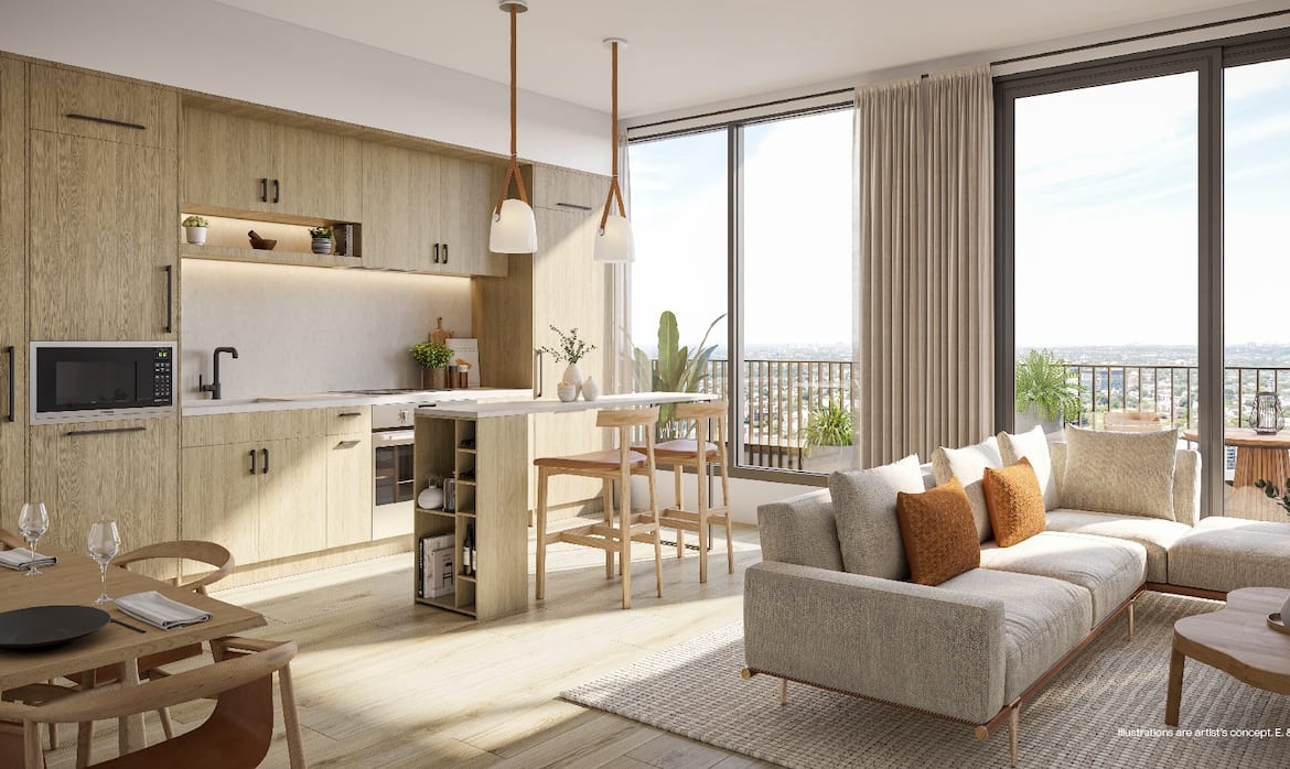 Rendering of Akra Living Condos suite interior kitchen and living room