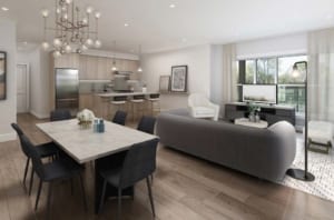 Rendering of Lackner Ridge Condos suite living area open-concept.